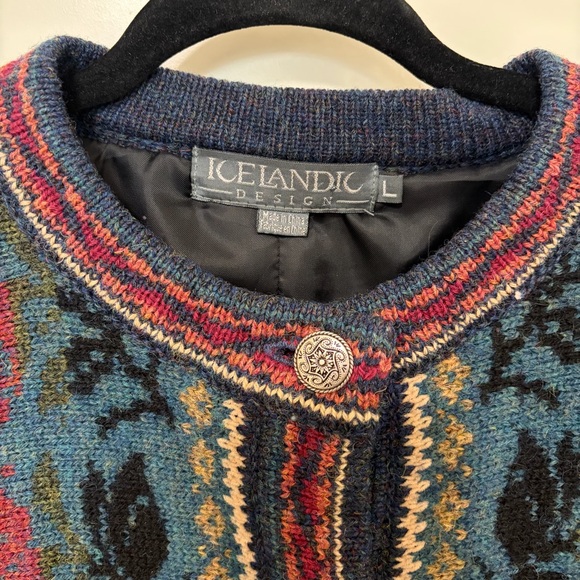 Icelandic Design Wool Cardigan Sweater Floral Buttons Women's Size L - Picture 3 of 7